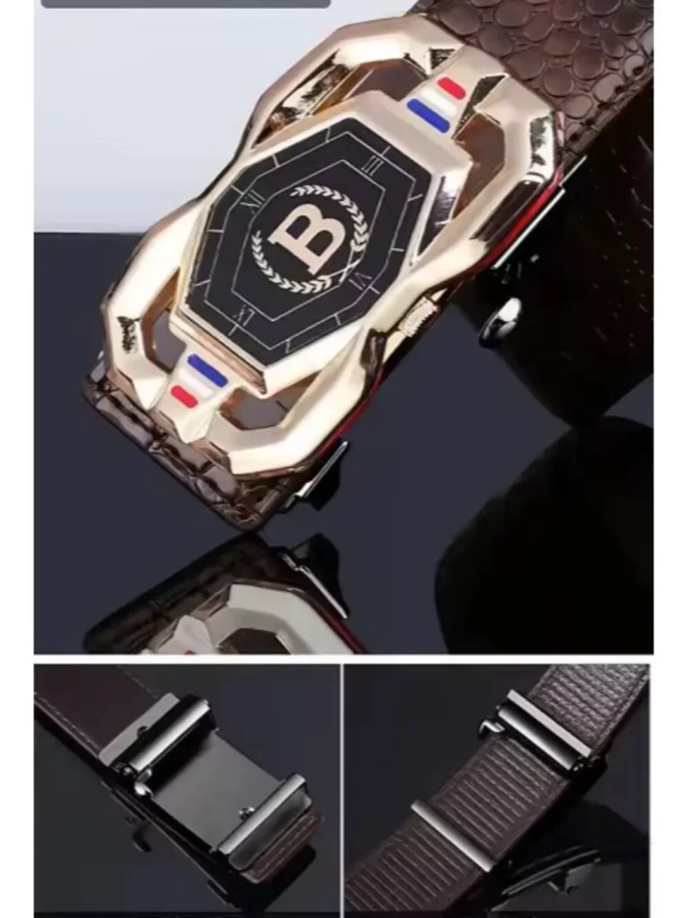 Elegant Fashion Men Belt Adjustable Gold Buckle Crocodile Brown Length 51 in